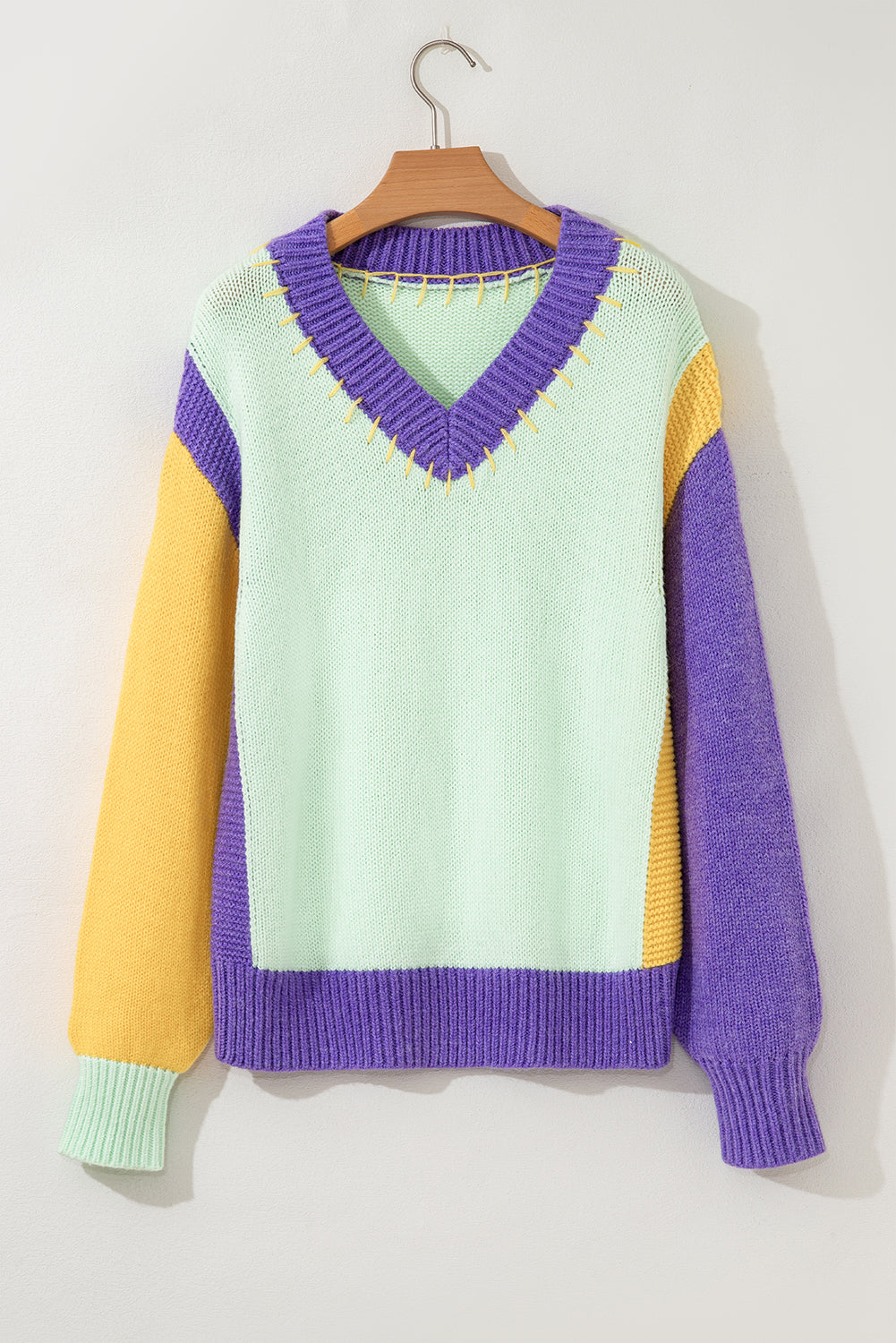Green Stitched V Neck Color Block Knitted Drop Shoulder Sweater