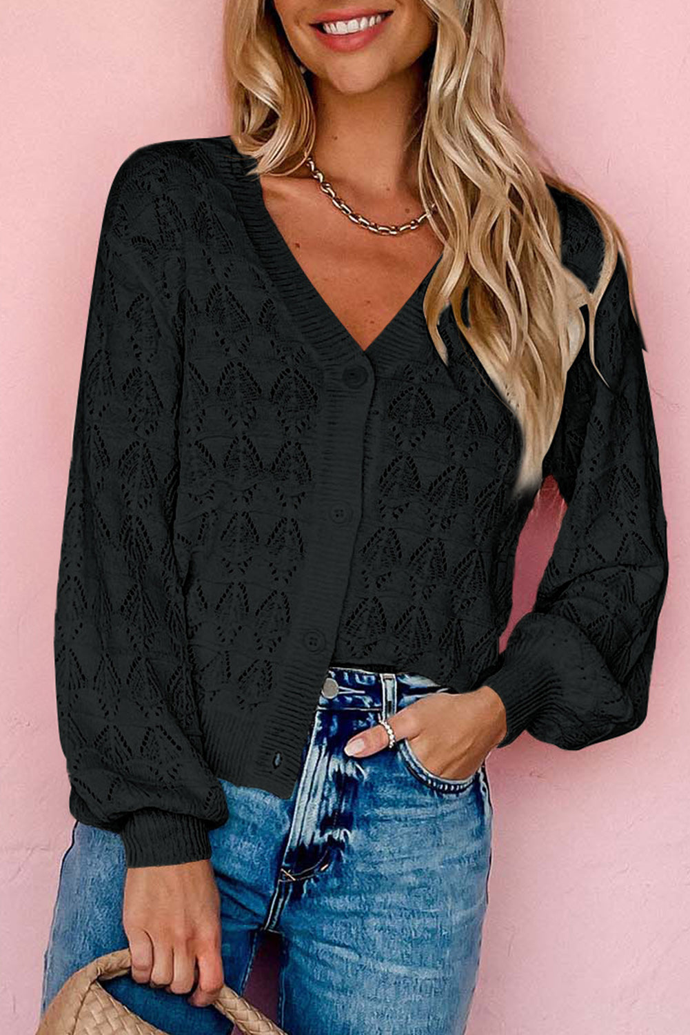 Black Lightweight Buttoned Front Crochet Cardigan