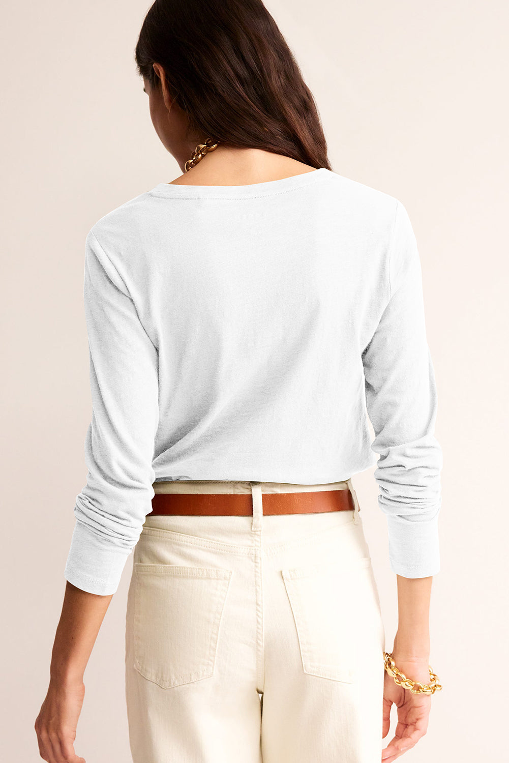 White Plain V Neck Long Sleeve Top