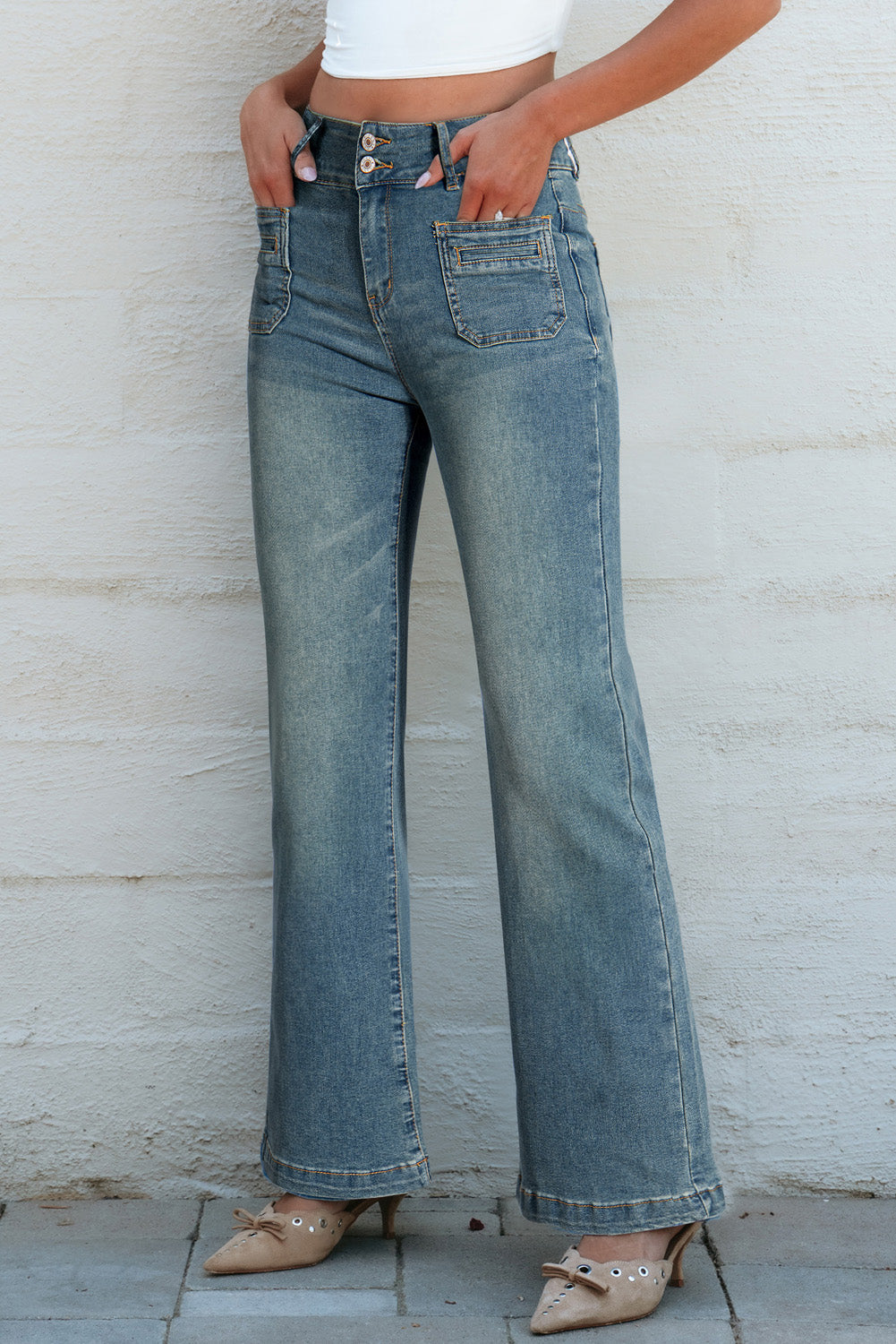 Amyra Double Button Patch Pocket Flare Leg Jeans-0