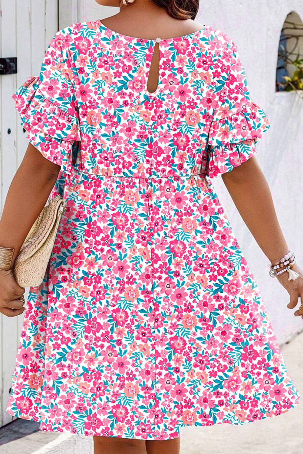 White Plus Size Floral Print Ruffle Short Sleeve Flare Dress