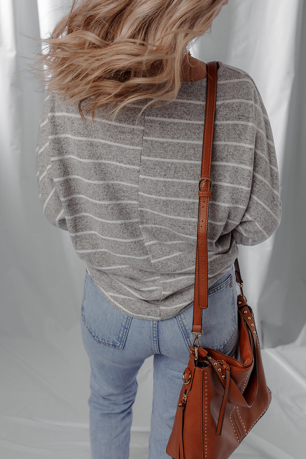 Gray Stripe Bishop Sleeve Drop Shoulder Top