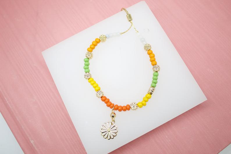 18K Gold Filled Flower White, Orange, Yellow, Green Beaded Bead Adjustable Bracelet (I180)-0