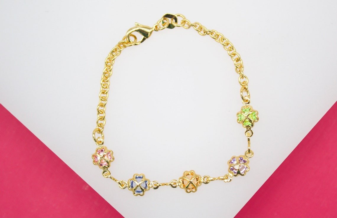 18K Gold Filled Multicolor CZ Four Leaf Clover Rolo Bracelet (XX15)-0