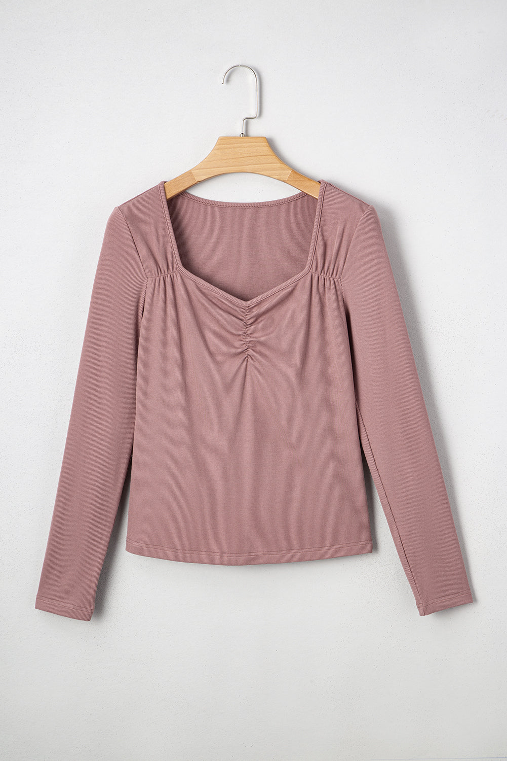 Old Rose Ruched Sweetheart Neck Ribbed Long Sleeve Top