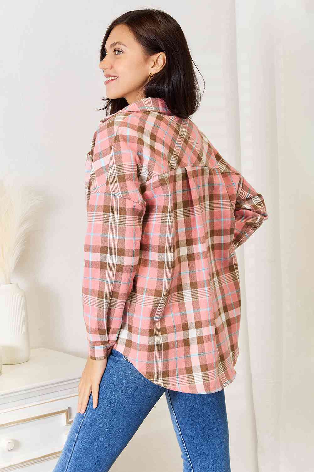 Double Take Plaid Collared Neck Long Sleeve Button-Up Shirt-1