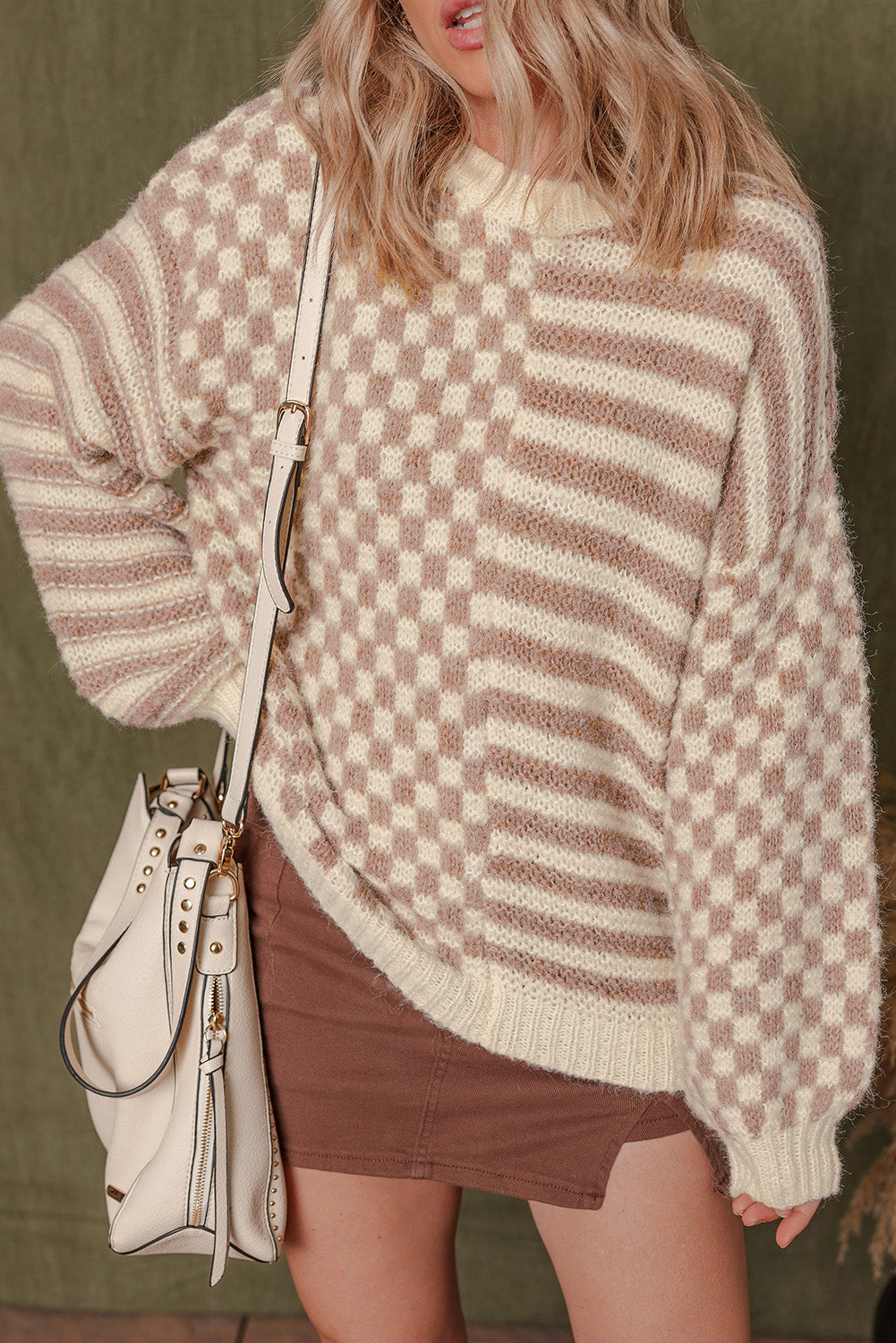 Khaki Stripe Checkerboard Drop Shoulder Balloon Sleeve Sweater