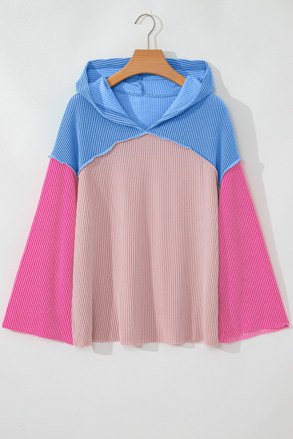 Pink Color Block Patchwork Corded Ribbed Loose Fit Hoodie
