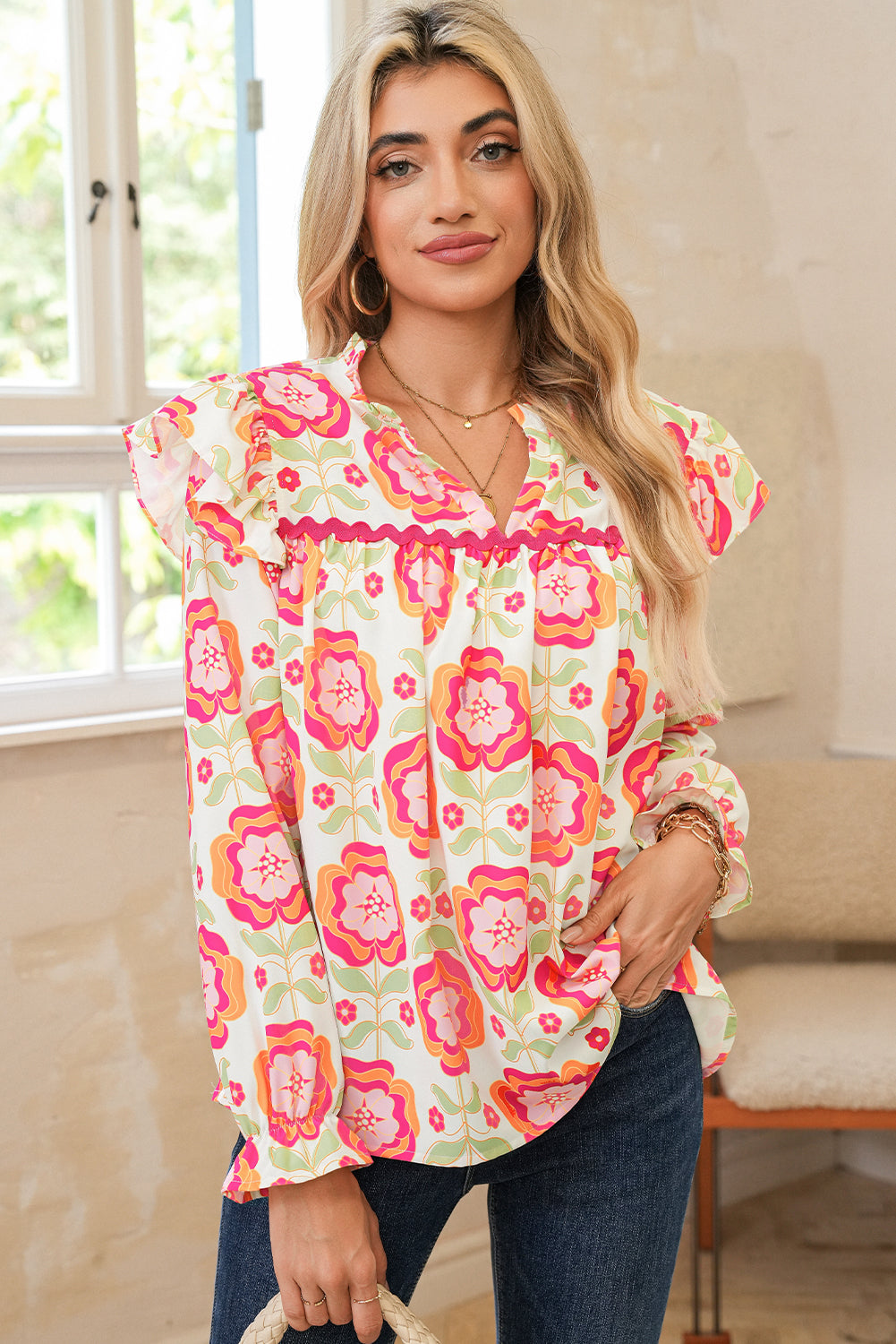 Rose Floral V Neck Ricrac Trim Ruffle Long Sleeve Blouse
