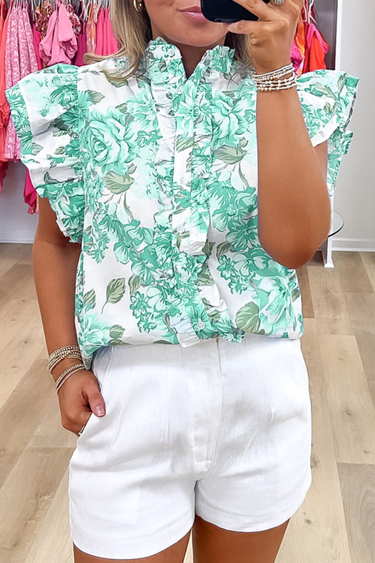 Green Floral Print Ruffle Sleeve Frill Shirt