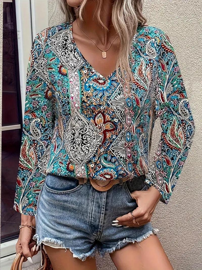 Boho Paisley V-Neck Long Sleeved Shirt