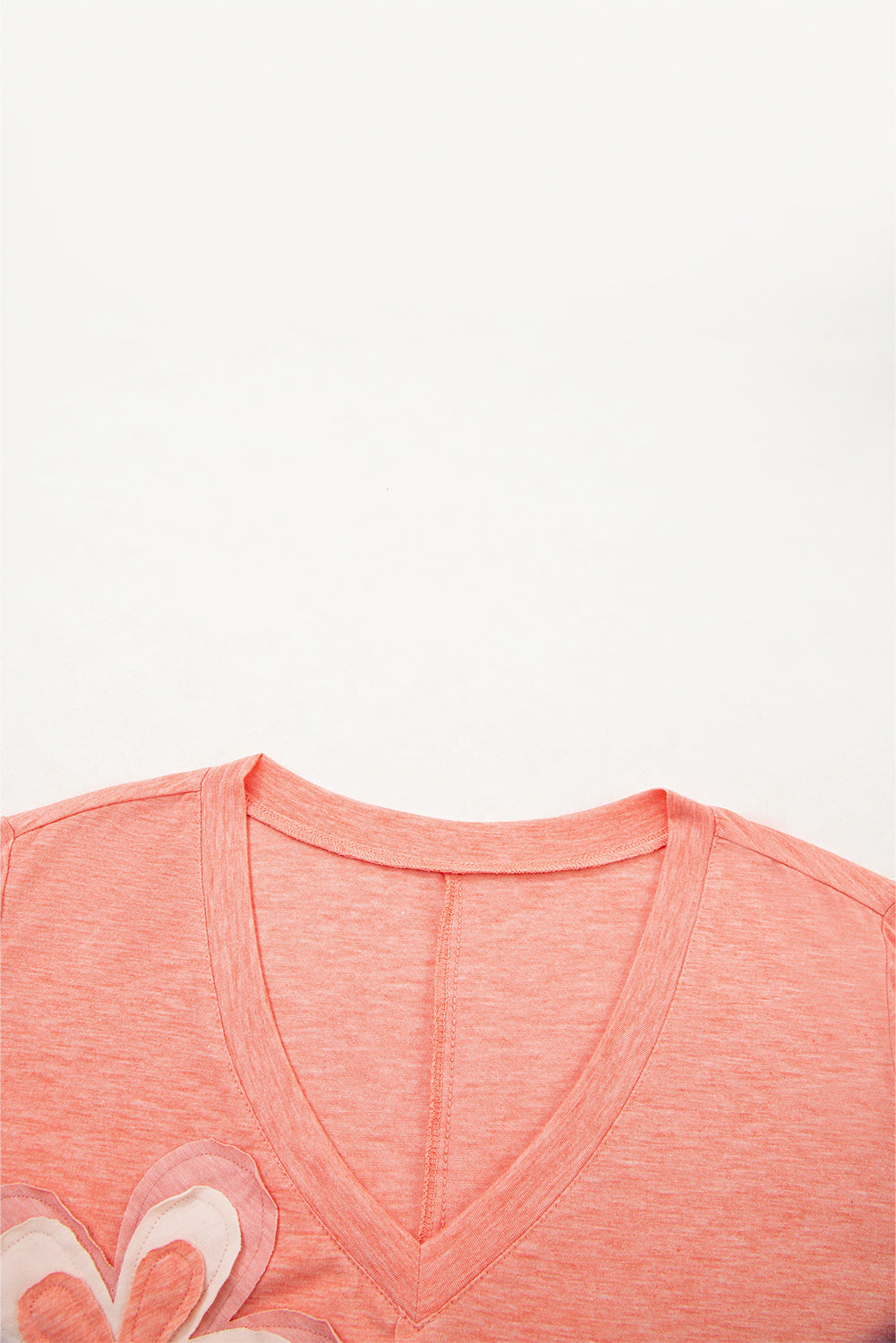 Fresh Salmon Floral Patched V Neck Long Sleeve Top