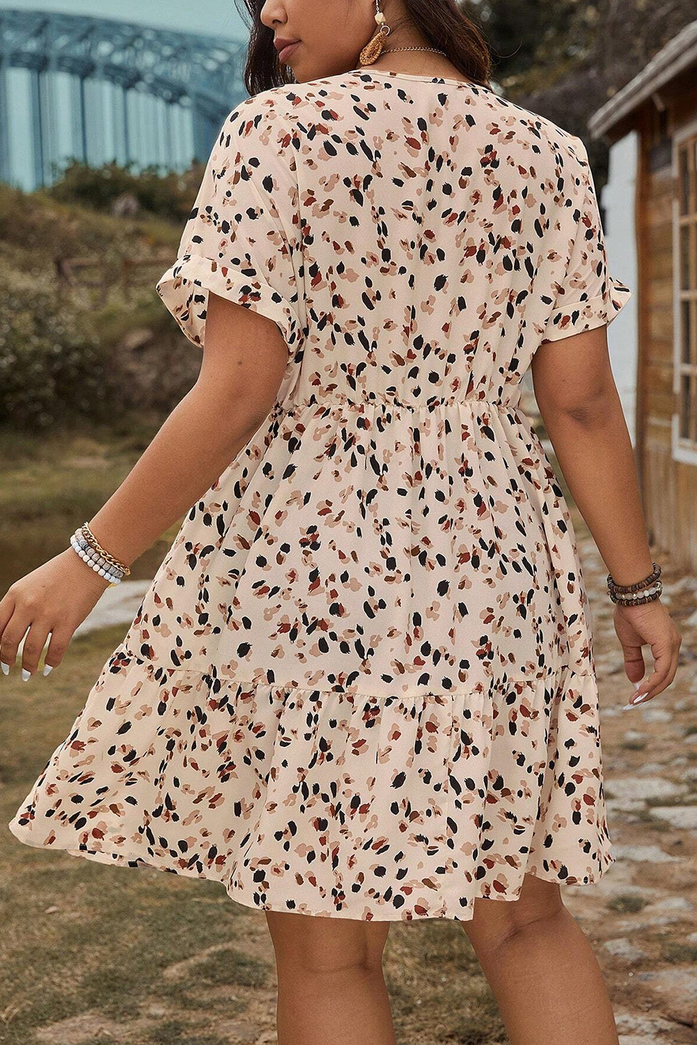 Beige Abstract Print Surplice V Neck Cuffed Sleeve Empire Waist Plus Size Dress