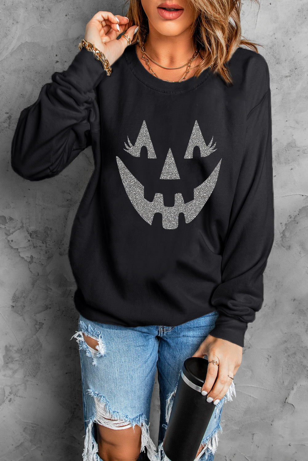 Black Spooky Halloween Graphic Baggy Sweatshirt