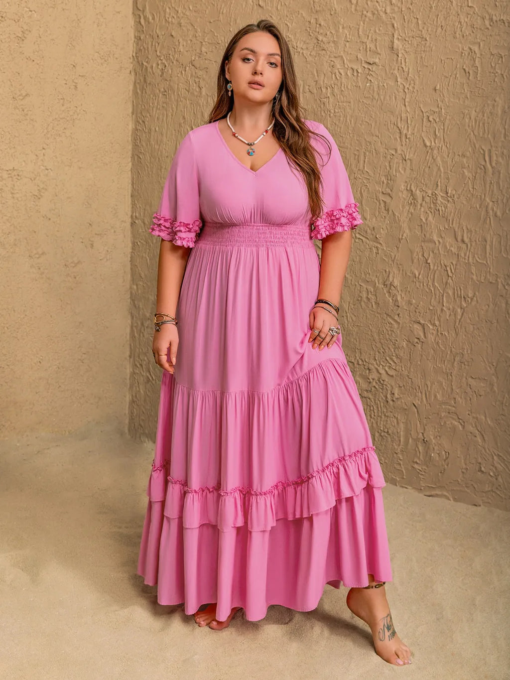 Plus Size V-Neck Half Sleeve Maxi Dress