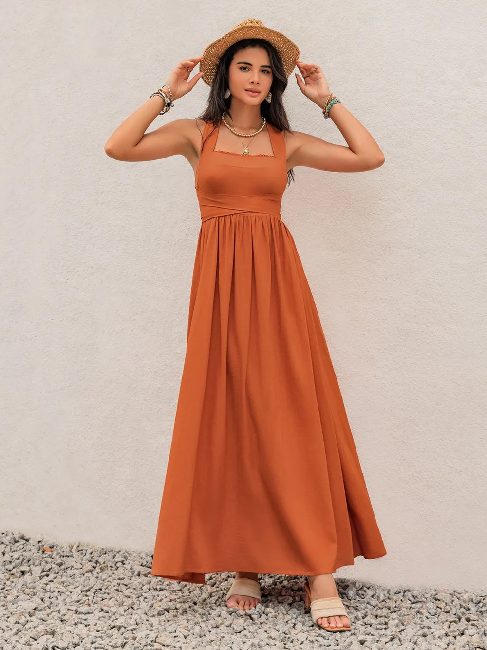Crisscross Back Smocked Square Neck Maxi Dress