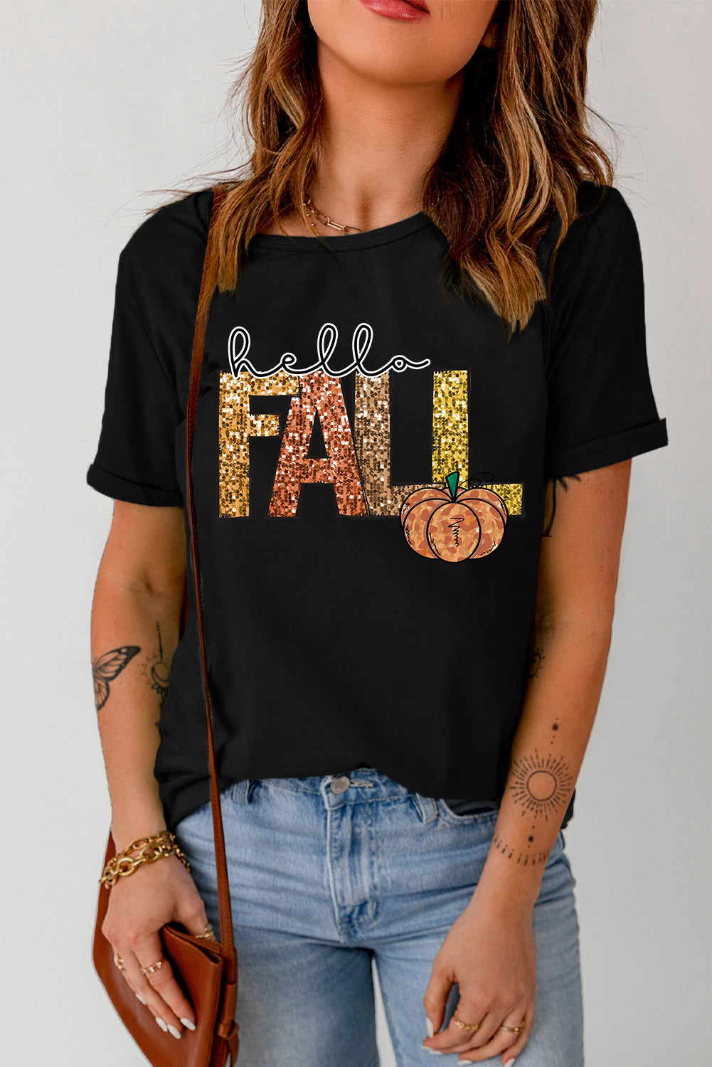 Black Hello Fall Letter Pumpkin Printed T Shirt