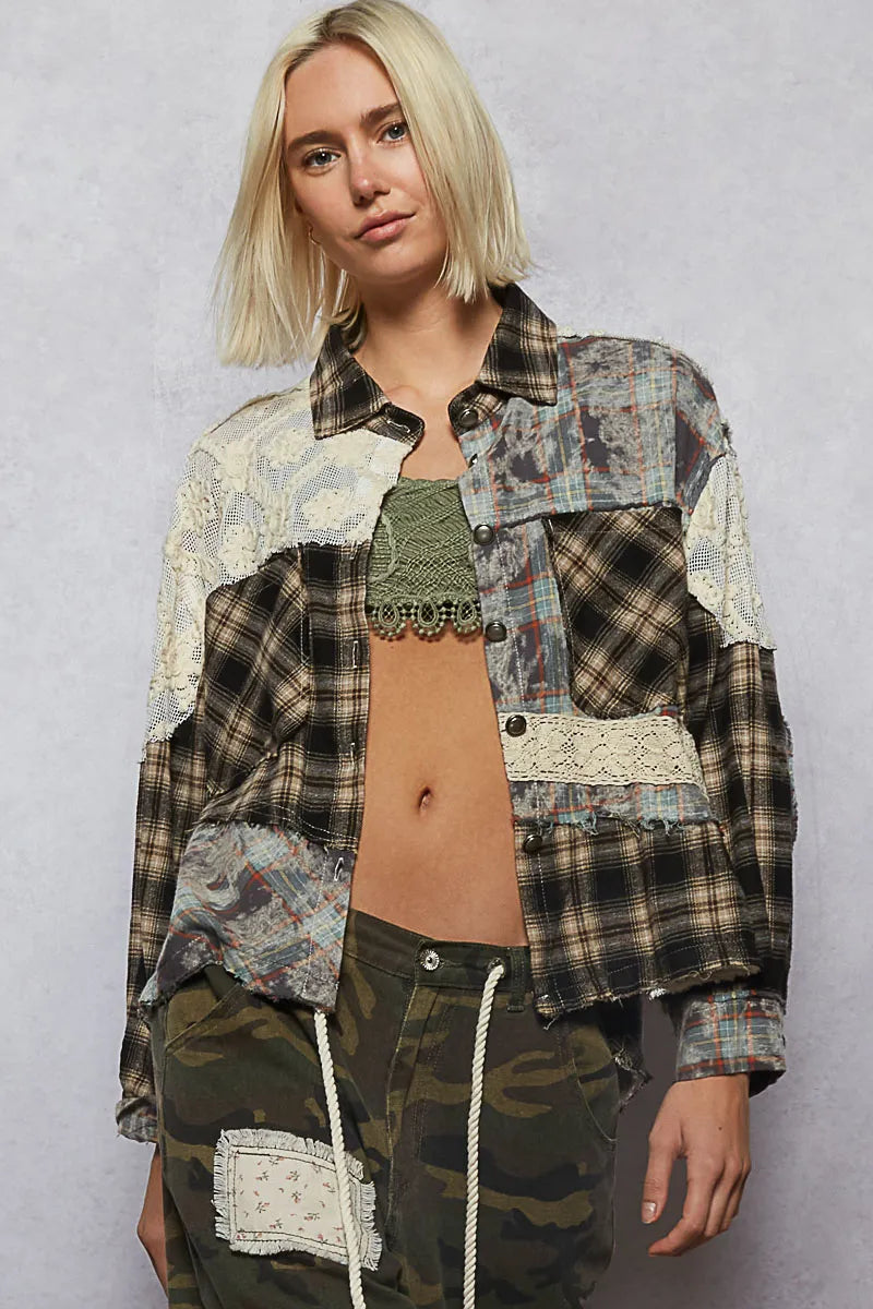 Lace Patchwork Plaid Oversized Shirt