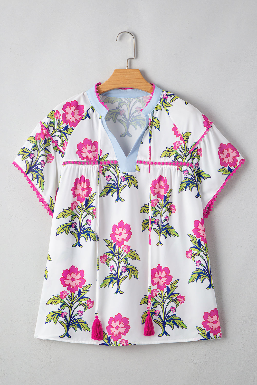 Rose Vintage Floral Print Notched V Neck Plus Size Blouse