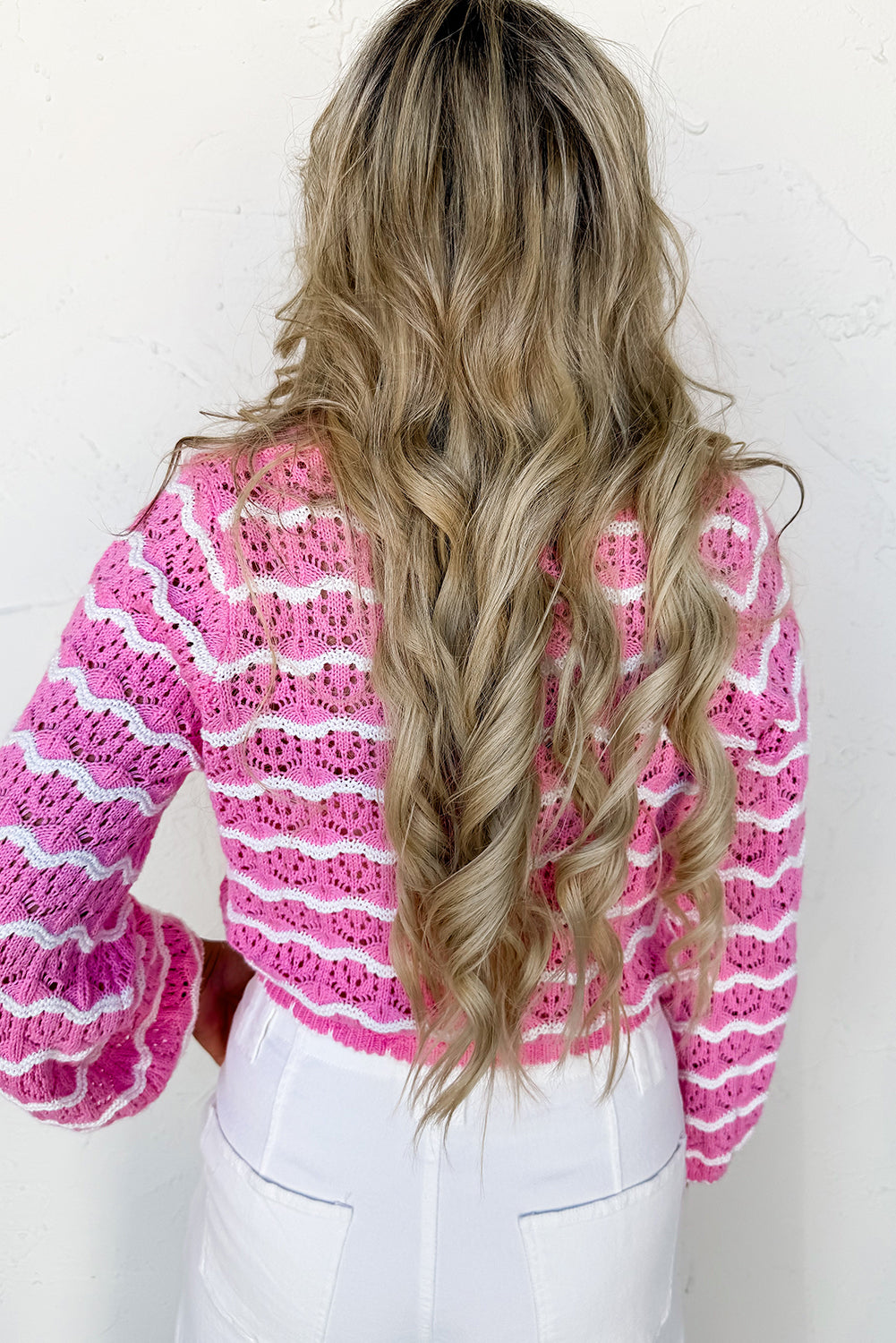 Pink Stripe Crochet Scalloped Trim Lace-up Front Cropped Cardigan