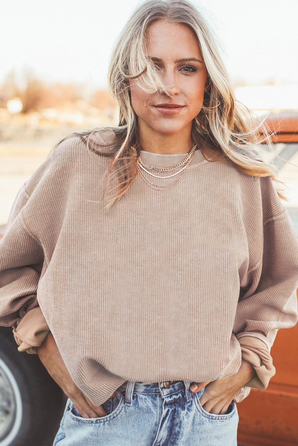 Apricot Drop Shoulder Rib Knit Oversized Sweatshirt
