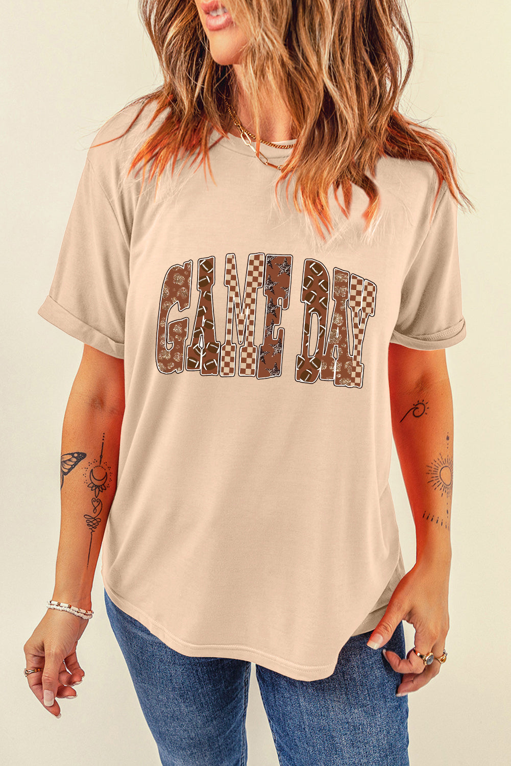 Khaki GAME DAY Football Checkered Letter Graphic T Shirt