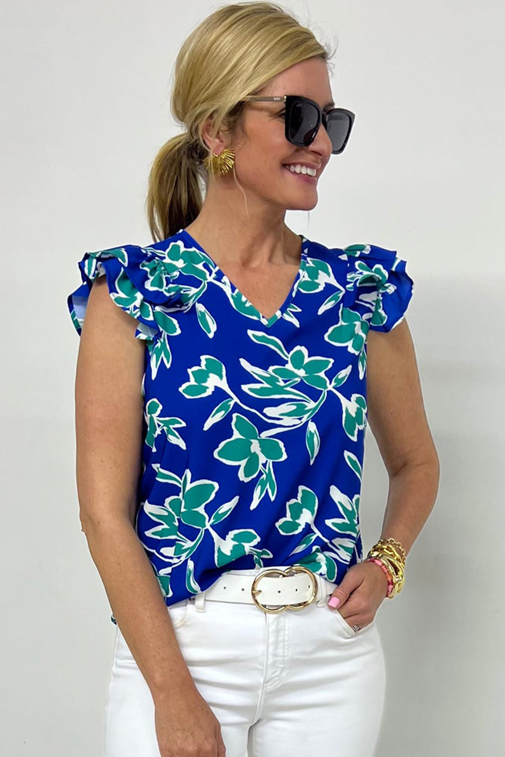 Blue V Neck Floral Print Ruffle Short Sleeve Blouse