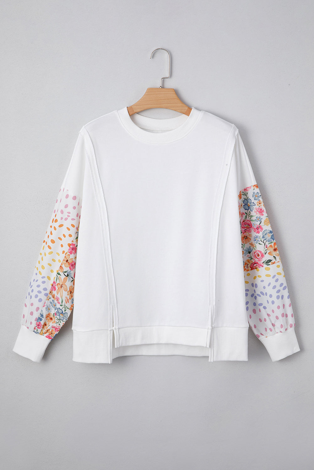 White Floral Dotted Print Patchwork Sleeve High Low Sweatshirt