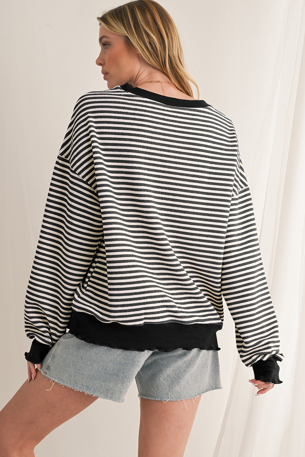 Black Stripe Drop Shoulder Long Sleeve Top