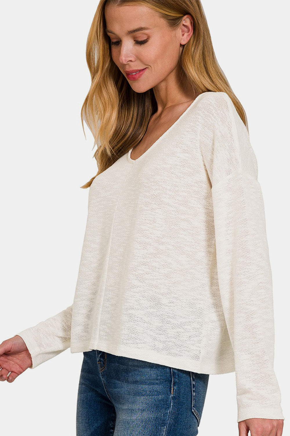 Zenana V-Neck Dropped Shoulder Long Sleeve T-Shirt-2