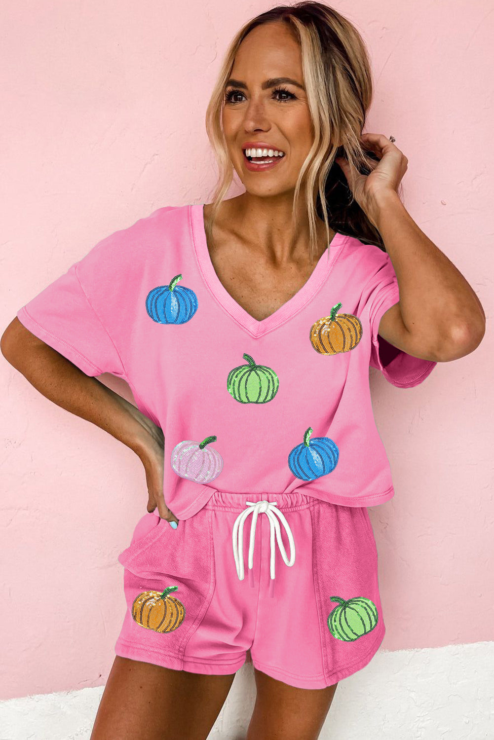 Bonbon Sequin Halloween Pumpkin Pattern V Neck Tee and Drawstring Shorts Set