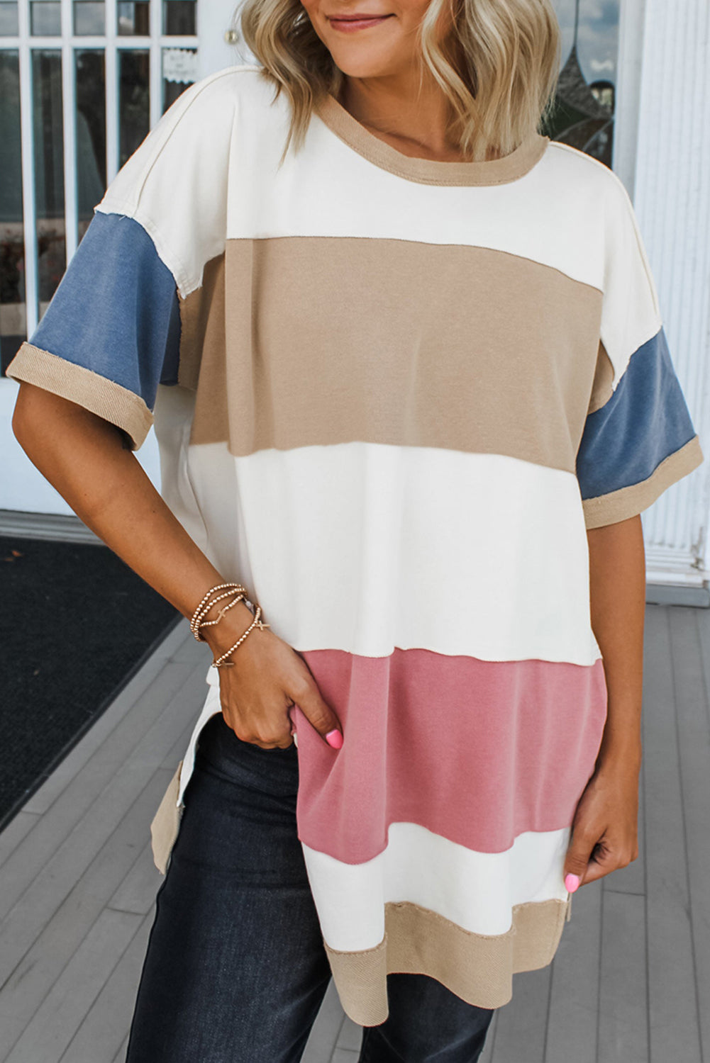 Multicolour Colorblock Patchwork Side Split Tunic T Shirt