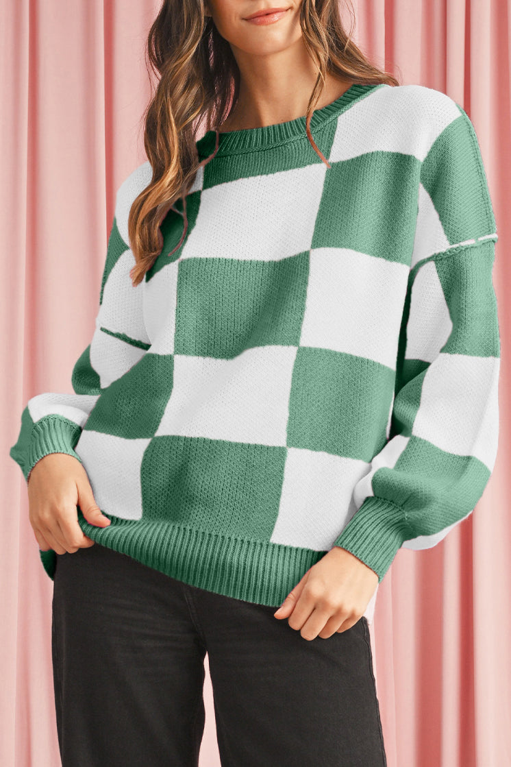 Green Checkered Bishop Sleeve Pullover Sweater