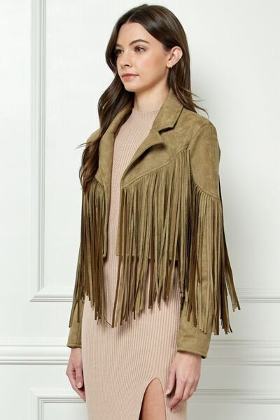 Veveret Suede Fringe Long Sleeve Moto Jacket-0