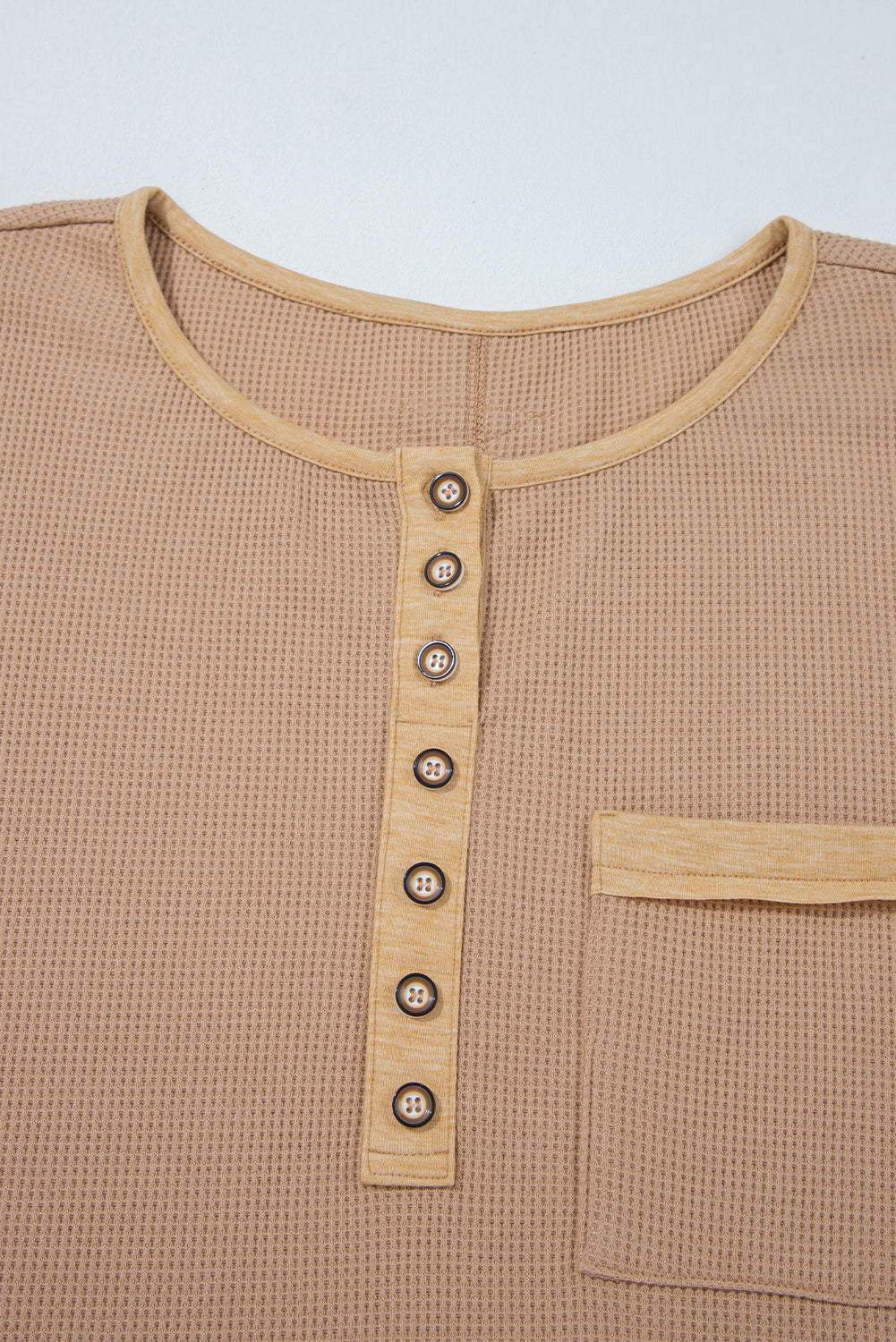 Dark Khaki Waffle Textured Patchwork Tunic Henley Top