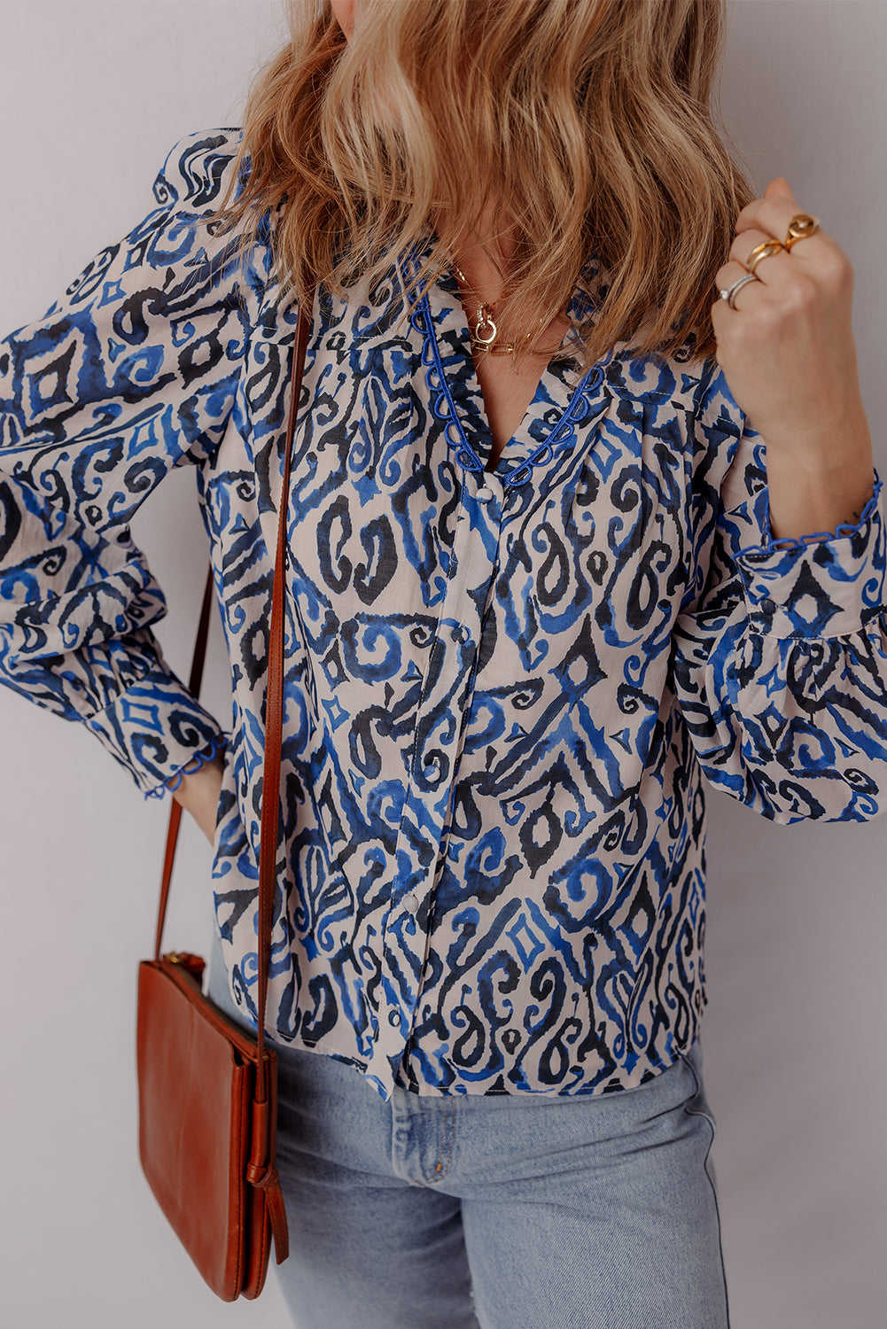 Blue Bohemian Abstract Print Frill V Neck Long Sleeve Blouse