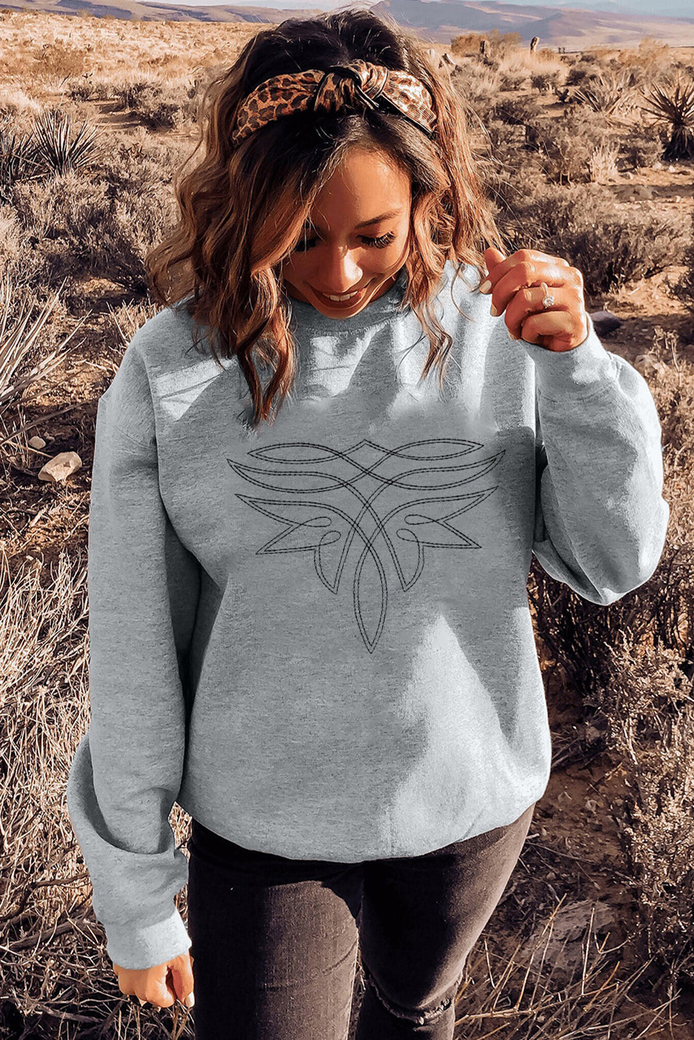 Gray Boot Stitch Pattern Drop Shoulder Pullover Sweatshirt