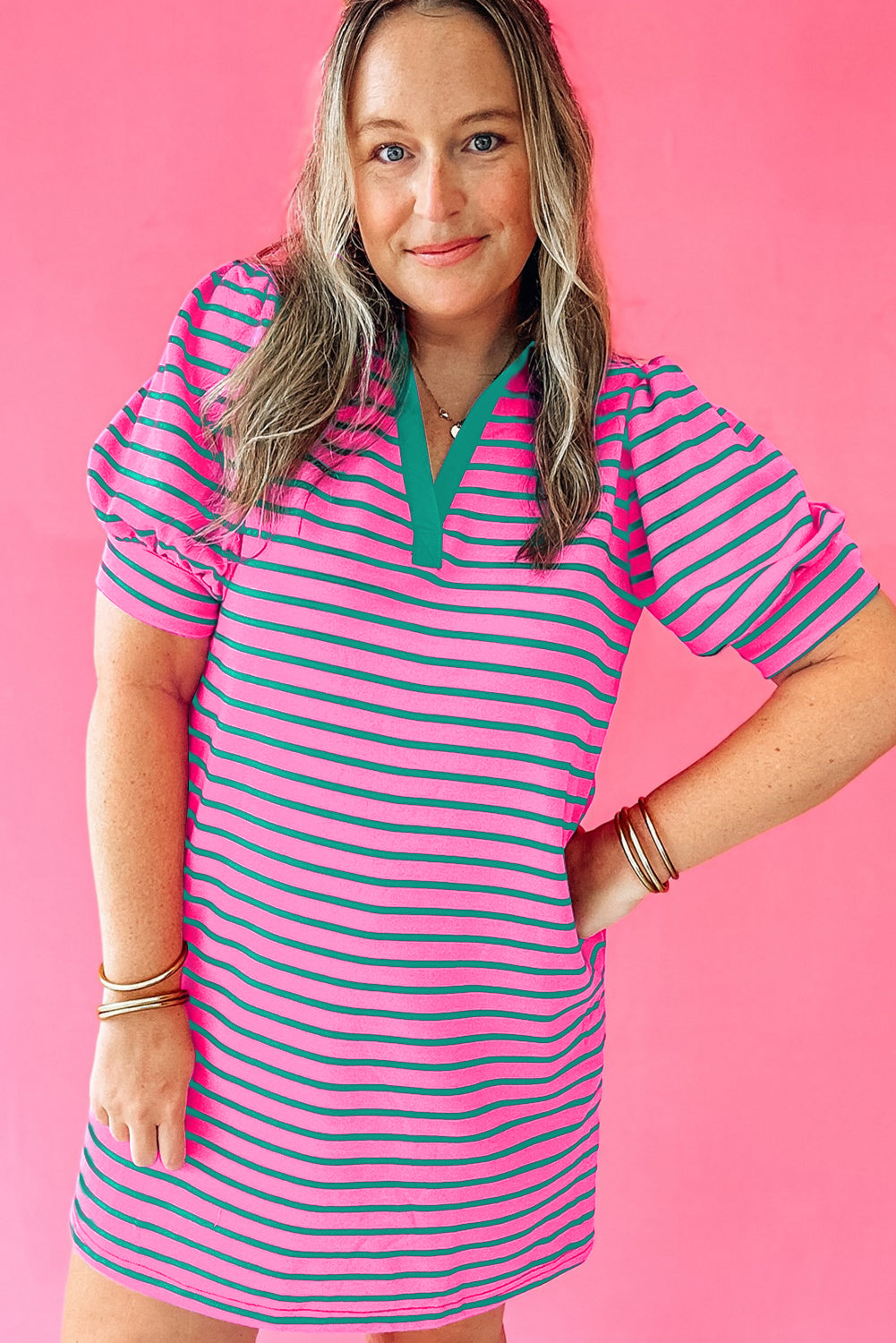 Rose Stripe Collared Puff Sleeve Pocket Plus Size Pop of Color Neckline Dress