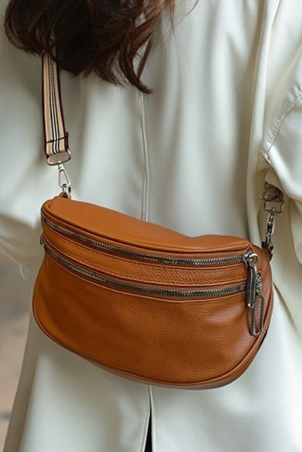 Chestnut PU Leather Zipper Crossbody Bag