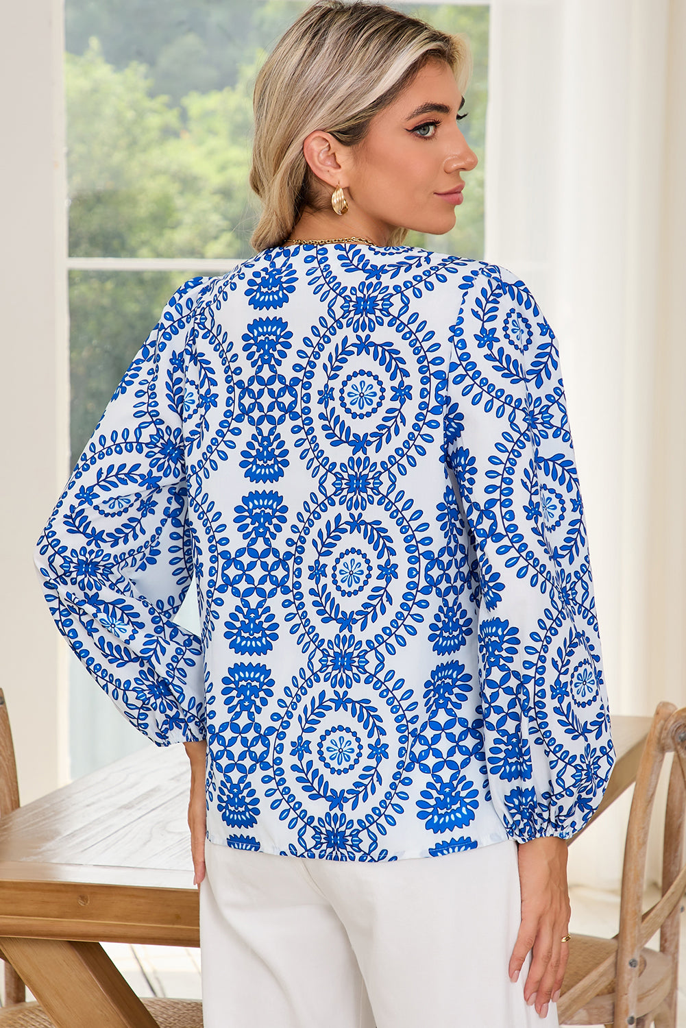 Sky Blue V Neck Puff Sleeve Boho Blouse