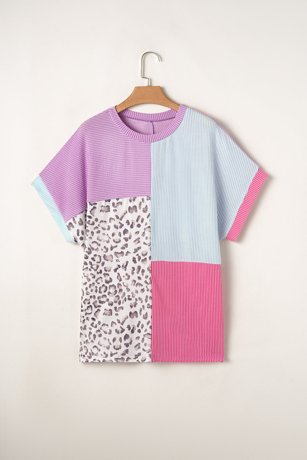 Rose Red Leopard Colorblock Patchwork Corded Plus Size T Shirt