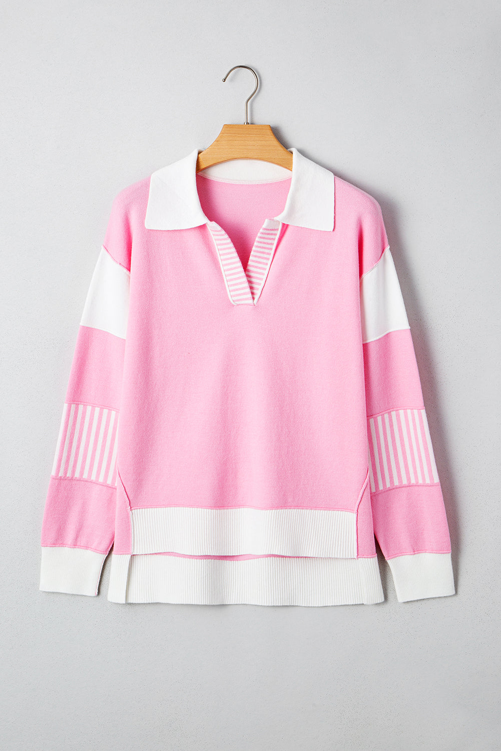 Pink Striped V Neck Collared Colorblock Patchwork Sweater