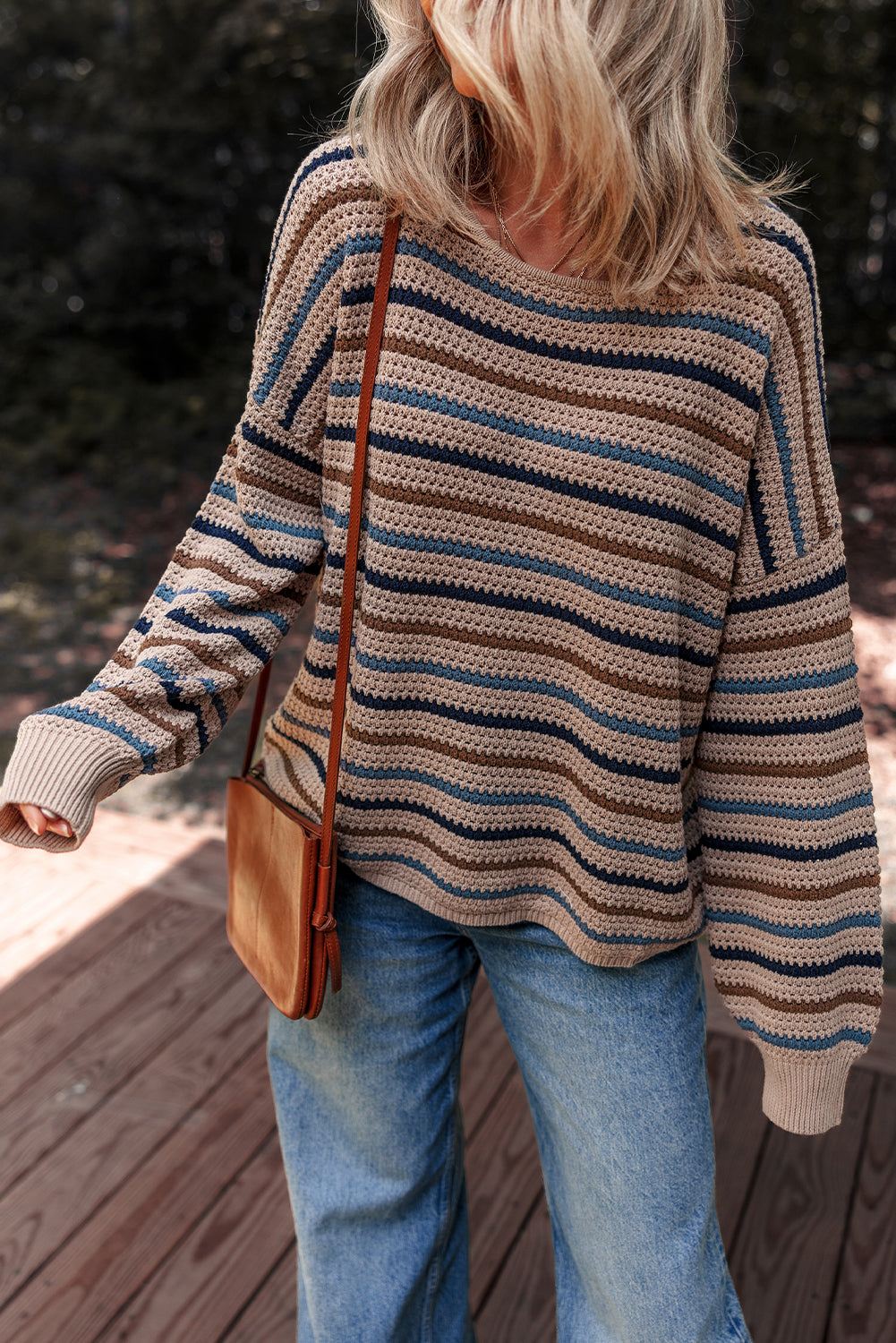 Multicolour Striped Knitted Drop Shoulder Crew Neck Sweater