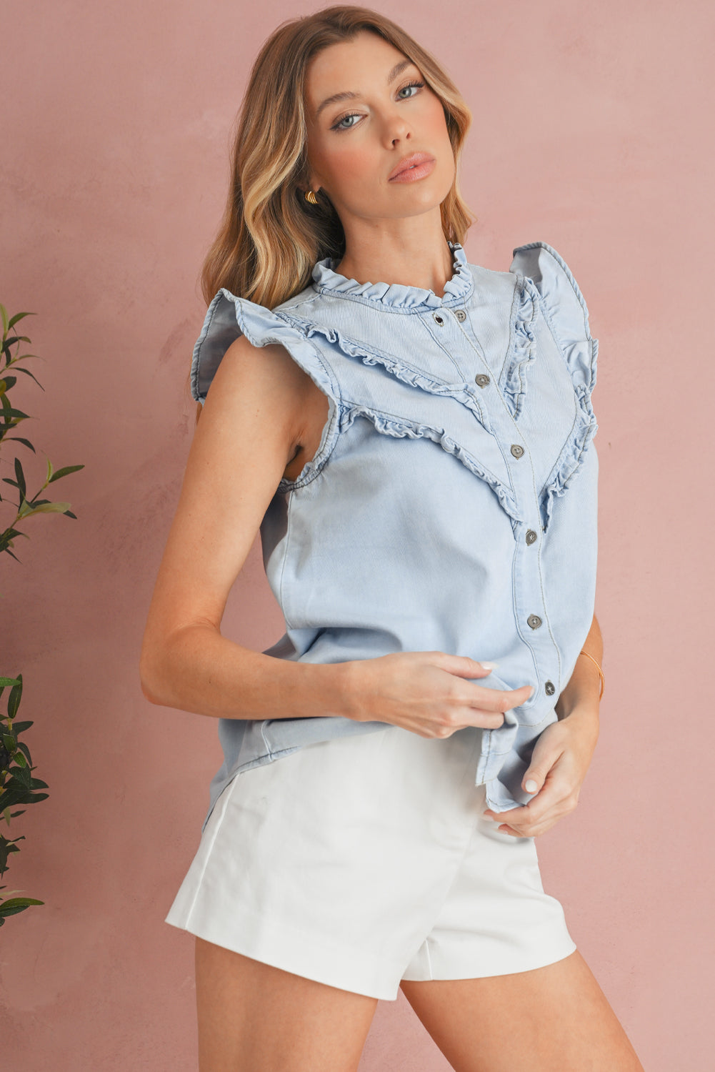 Beau Blue Mineral Wash Sleeveless Frill Button-Up Denim Shirt