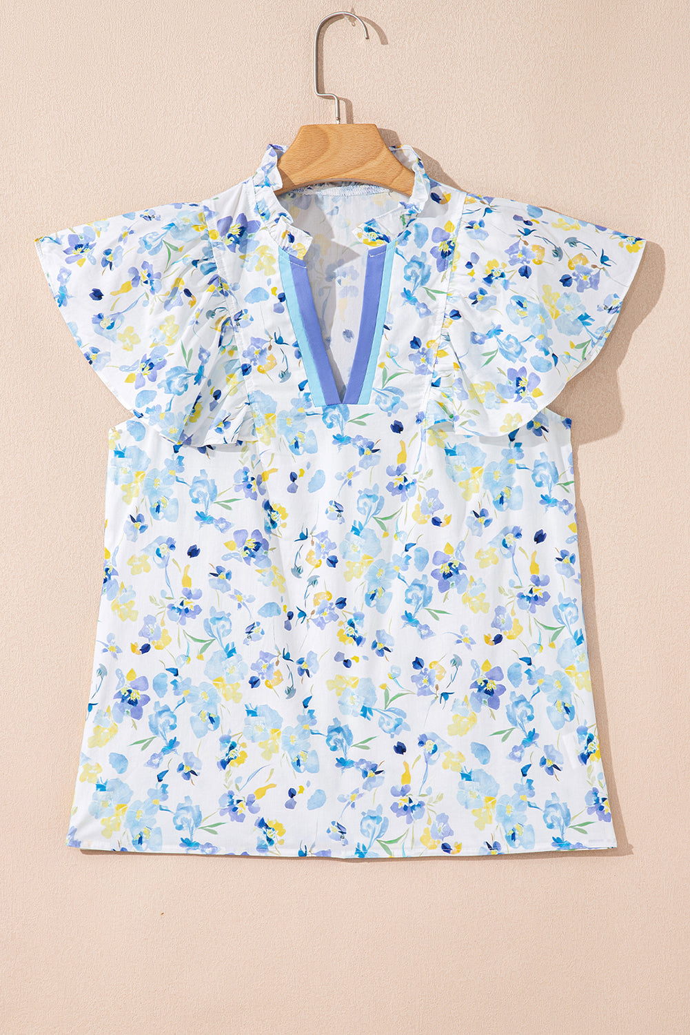 Sky Blue Floral Print Frilled Notch V Neck Ruffle Blouse