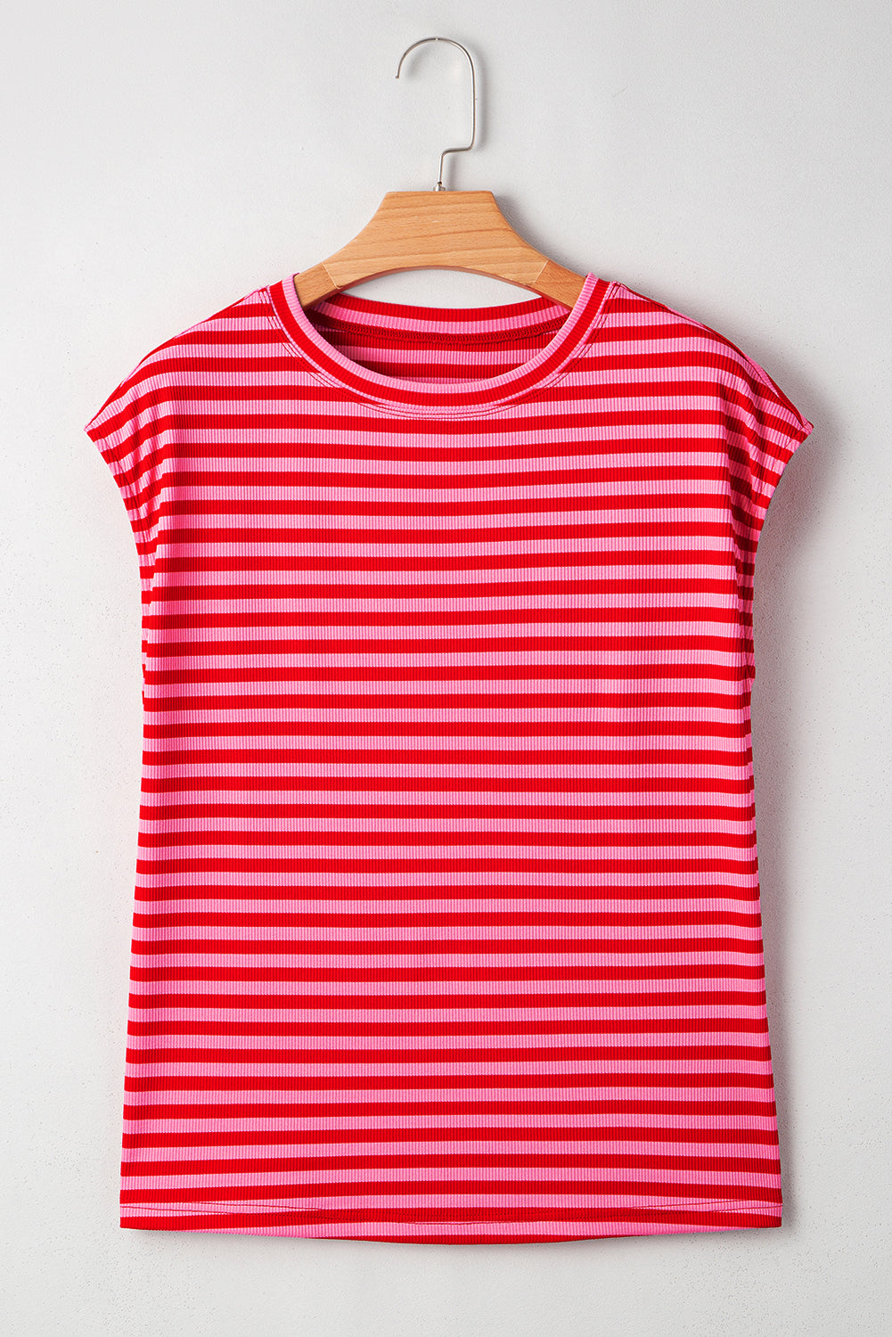 Red Stripe Ribbed Cap Sleeve Round Neck T Shirt