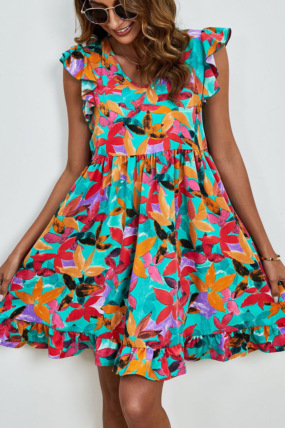 Green Leaf Print V Neck Fluttter Sleeveless Short Dress