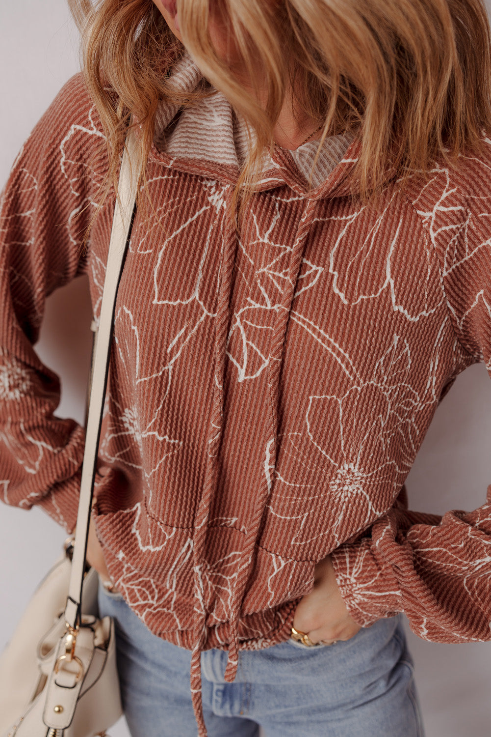 Brown Floral Twisted Rib Drawstring Kangaroo Pocket Hooded Top