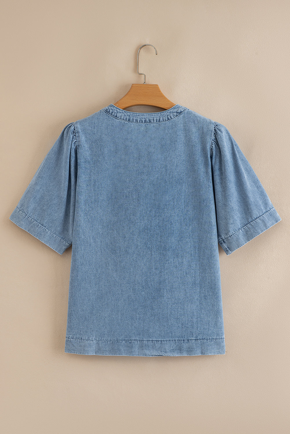 Myosotis Pleated Puff Sleeve Split V Neck Denim Top