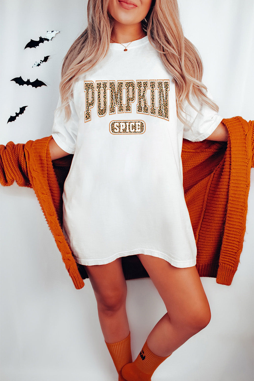 White PUMPKIN SPICE Leopard Graphic Tunic T Shirt